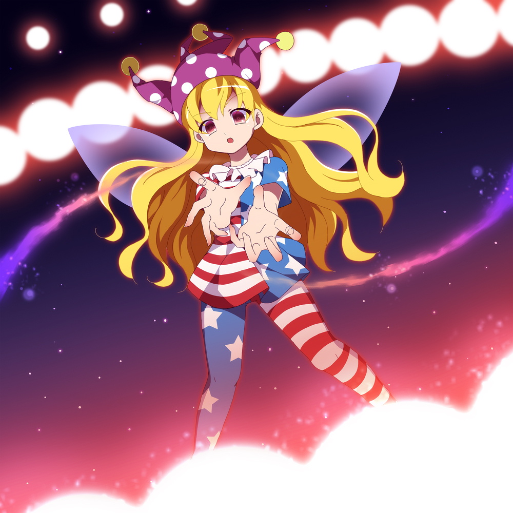 1girl aiming_at_viewer american_flag_legwear american_flag_shirt aura blonde_hair charging clownpiece danmaku fairy_wings floating foreshortening hat jester_cap light long_hair looking_at_viewer materializing short_sleeves solo space stance touhou ts1016 very_long_hair violet_eyes wings