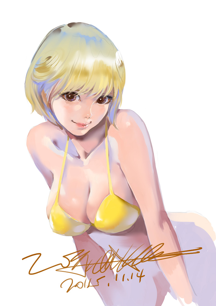 1girl 2015 amano_ai amatiz bangs bikini bikini_top blonde_hair bottomless breasts brown_eyes cleavage closed_mouth collarbone dated head_tilt large_breasts leaning_forward looking_at_viewer short_hair signature simple_background sketch smile solo swimsuit video_girl_ai white_background yellow_bikini