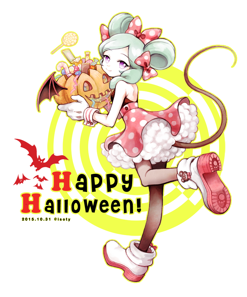 1girl aqua_hair bare_shoulders bat beta_(inazuma_eleven) black_legwear candy cosplay dated disney english gloves gz_(gzxd) halloween happy_halloween inazuma_eleven_(series) inazuma_eleven_go inazuma_eleven_go_chrono_stone jack-o'-lantern lollipop looking_back minnie_mouse minnie_mouse_(cosplay) mouse_tail no_pupils pantyhose polka_dot_skirt simple_background skirt smile solo swirl_lollipop tail twitter_username violet_eyes white_background wrist_cuffs