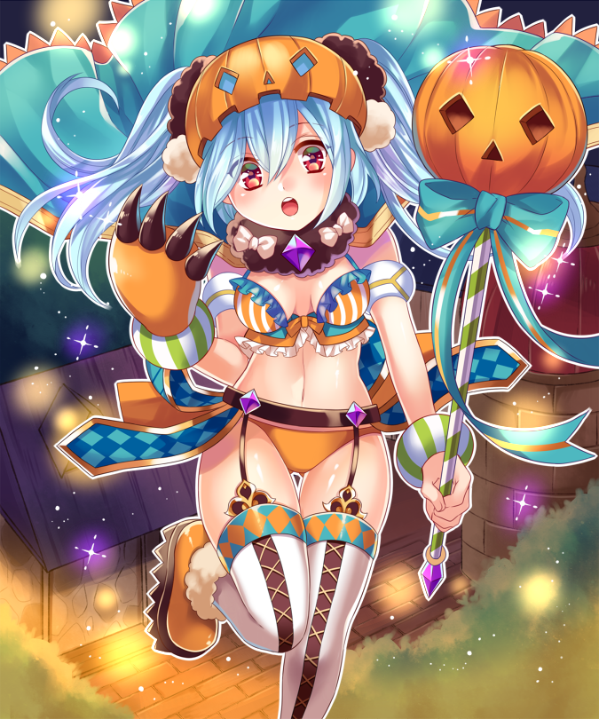 1girl blue_hair cape garter_straps halloween hat long_hair navel official_art red_eyes senjou_no_electro_girl shina_shina single_glove solo staff thigh-highs twintails