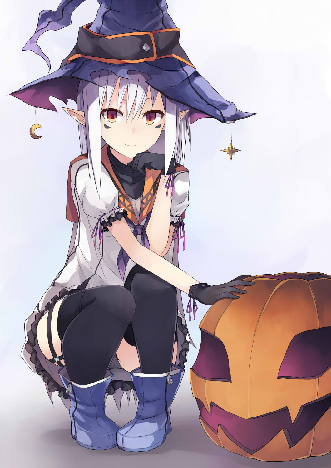 1girl facial_mark gloves halloween hat highres jack-o'-lantern keid long_hair original pointy_ears red_eyes solo squatting thigh-highs white_hair witch_hat