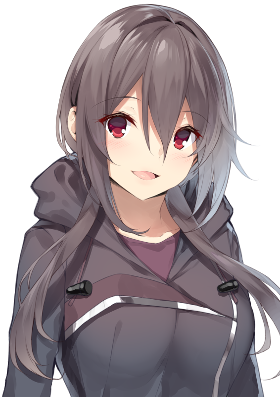 1girl :d bangs black_jacket blush breasts brown_shirt collarbone commentary_request eyebrows_visible_through_hair hair_between_eyes head_tilt hood hood_down hooded_jacket jacket konomi_(yappen) long_hair looking_at_viewer medium_breasts open_mouth original red_eyes shirt simple_background smile solo white_background yappen