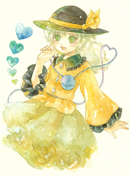 1girl green_eyes heart heart_of_string komeiji_koishi open_mouth sash shiroma_(mamiko) solo touhou traditional_media watercolor_(medium) white_background white_hair wide_sleeves