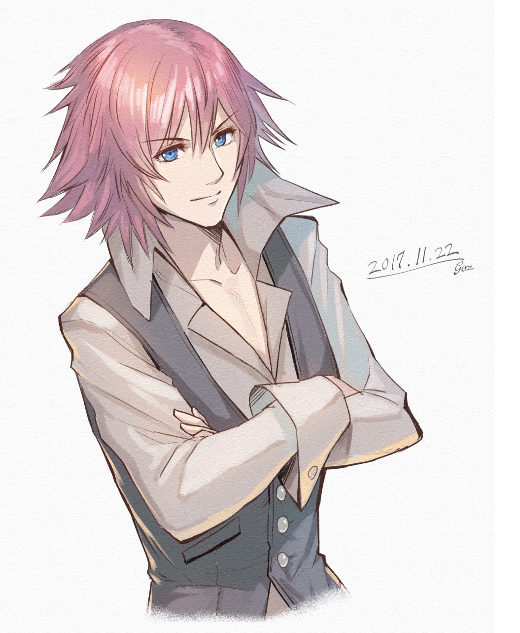 1boy crossed_arms gogo_(detteiu_de) highres kingdom_hearts kingdom_hearts_unchained_x lauriam male_focus pink_hair short_hair solo waistcoat