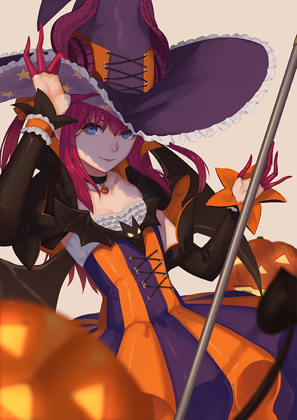 blue_eyes blush dress fate/extra halloween hat lancer_(fate/extra) long_hair pink_hair smile witch
