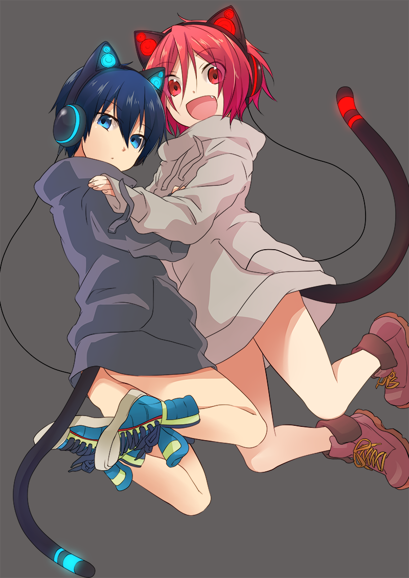 2boys animal_ears black_hair blue_eyes boots cat_ears cat_tail fang free! headphones hoodie male_focus matsuoka_rin memeo_(candy_house) multiple_boys nanase_haruka_(free!) open_mouth red_eyes redhead shoes short_hair smile sneakers tail
