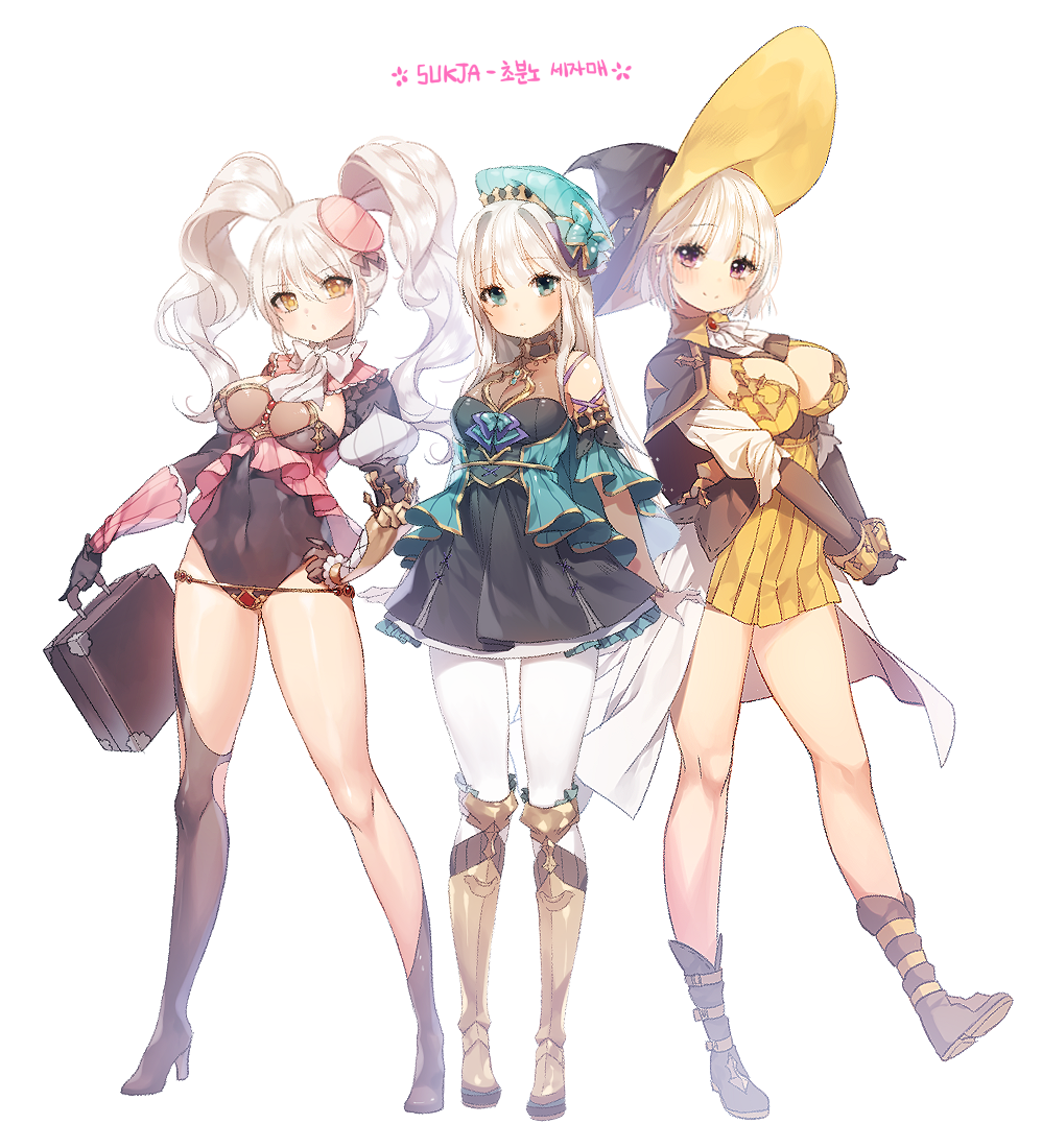 3girls :o aqua_eyes armor artist_name asymmetrical_legwear bare_legs bare_shoulders black_dress black_gloves black_legwear blush boots bow bracelet breasts brown_boots brown_eyes cape choker cleavage covered_navel cravat detached_sleeves dress expressionless gloves hand_on_hip hat high_heels jewelry knee_boots large_breasts leotard long_hair long_sleeves looking_at_viewer multiple_girls original pantyhose parted_lips see-through short_hair sideboob silver_hair simple_background skin_tight smile sorolp standing suitcase v_arms violet_eyes white_background white_legwear witch_hat yellow_dress