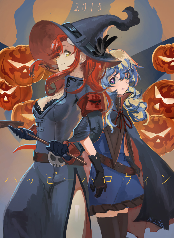 2girls alternate_costume cape costume dress gloves halloween hat jack-o'-lantern multicolored_hair multiple_girls nia_teppelin nuda pumpkin redhead smile tengen_toppa_gurren_lagann two-tone_hair witch_hat yoko_littner