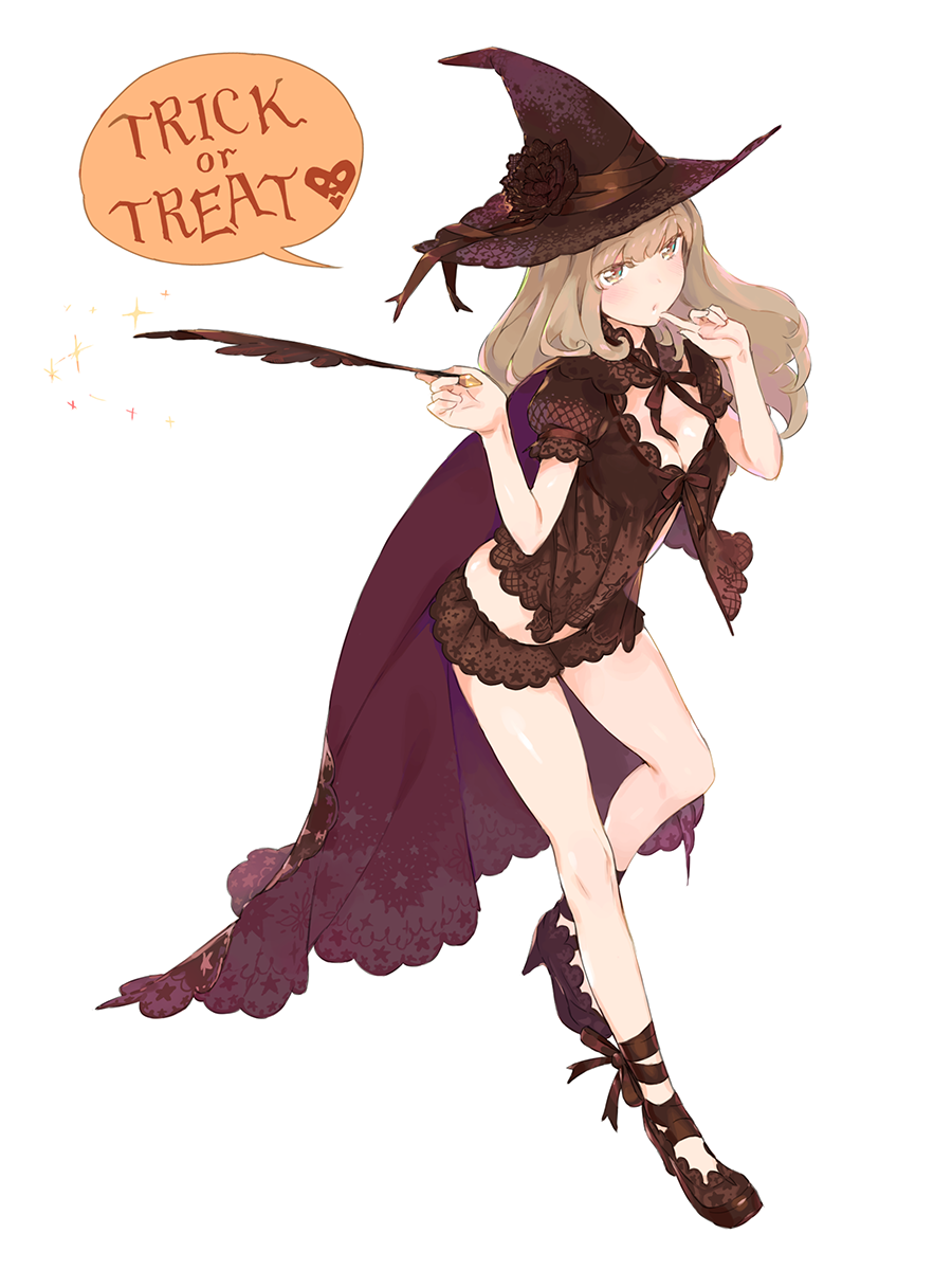1girl brown_eyes brown_hair cape feathers haimura_kiyotaka halloween hat highres long_hair original quill solo witch witch_hat