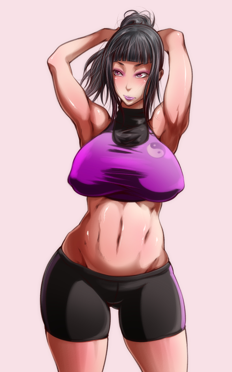 1girl alternate_costume alternate_hairstyle arms_behind_head ass_visible_through_thighs bangs belly bike_shorts black_hair blush breasts covered_nipples cowboy_shot crop_top detached_sleeves eyeshadow han_juri highres hips kanta_(k_n_t_r_o) large_breasts lips lipstick looking_to_the_side makeup muscle navel pink_eyes plump purple_lips purple_lipstick shirt short_hair solo street_fighter taut_clothes taut_shirt thighs turtleneck yin_yang