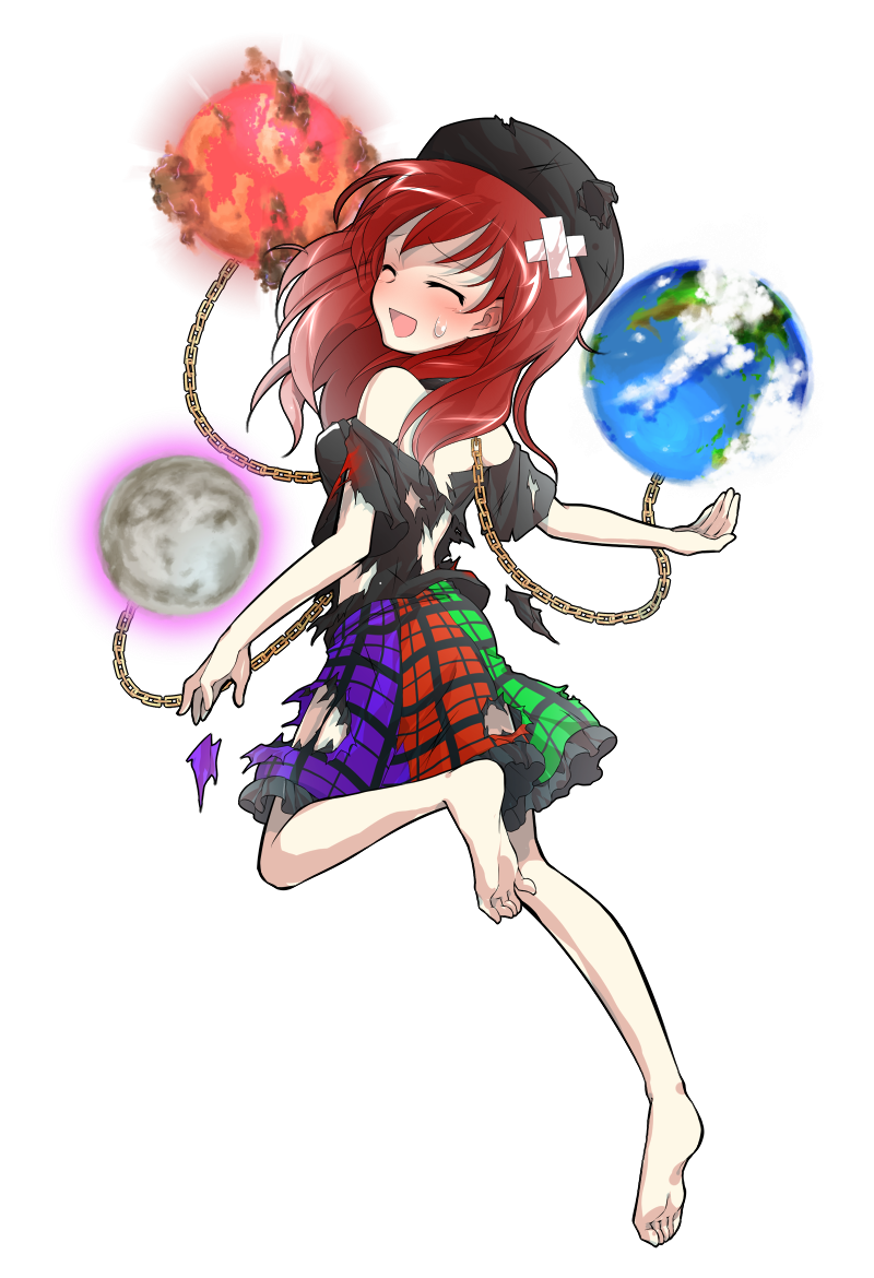 1girl ^_^ after_battle bandages barefoot blush closed_eyes dairi earth_(ornament) feet hat hecatia_lapislazuli moon_(ornament) off-shoulder_shirt redhead shirt skirt solo sweatdrop tachi-e toes torn_clothes torn_shirt torn_skirt touhou