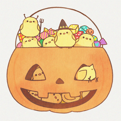 &gt;_&lt; anus ayu_(mog) bird black_eyes candy chick closed_eyes halloween hat jack-o'-lantern looking_at_viewer lowres no_humans original simple_background too_many too_many_chicks witch_hat