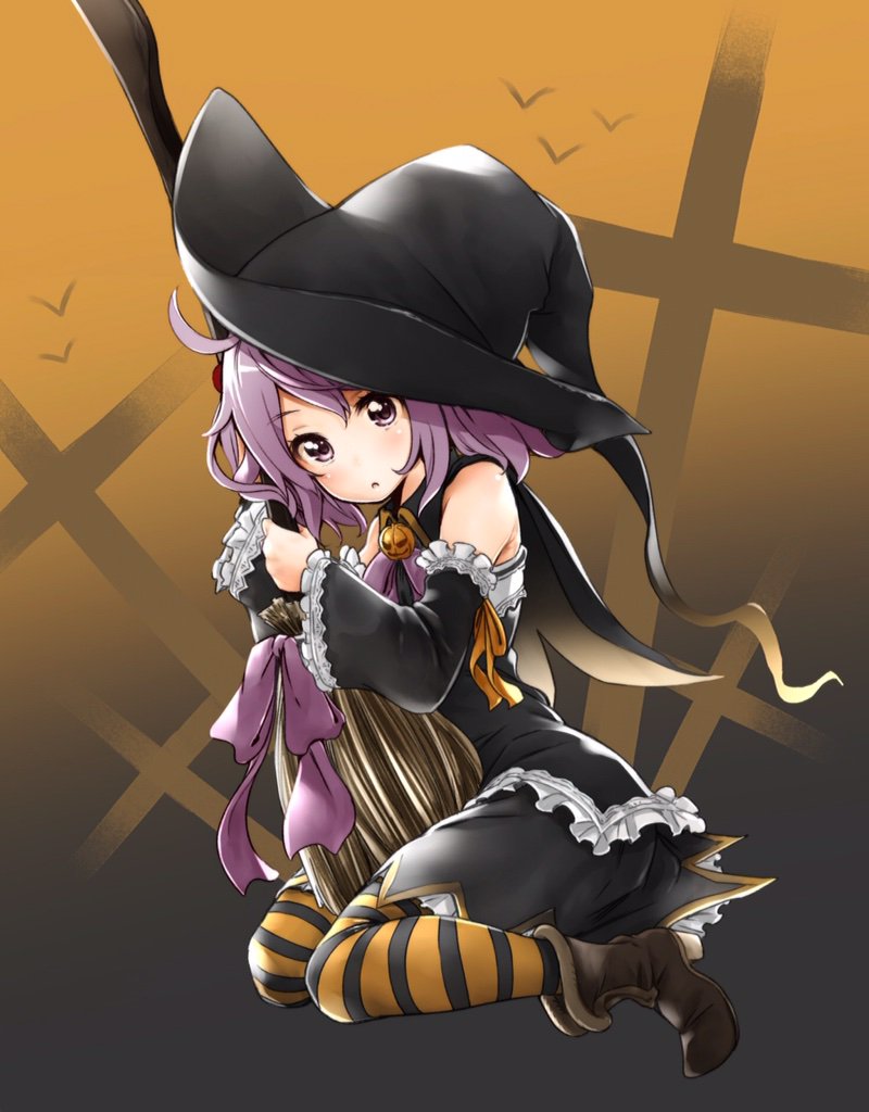 1girl alternate_costume bare_shoulders broom commentary_request detached_sleeves hair_bobbles hair_ornament halloween halloween_costume hat kantai_collection long_sleeves multicolored_legwear open_mouth sazanami_(kantai_collection) short_hair soborou solo striped striped_legwear witch_hat