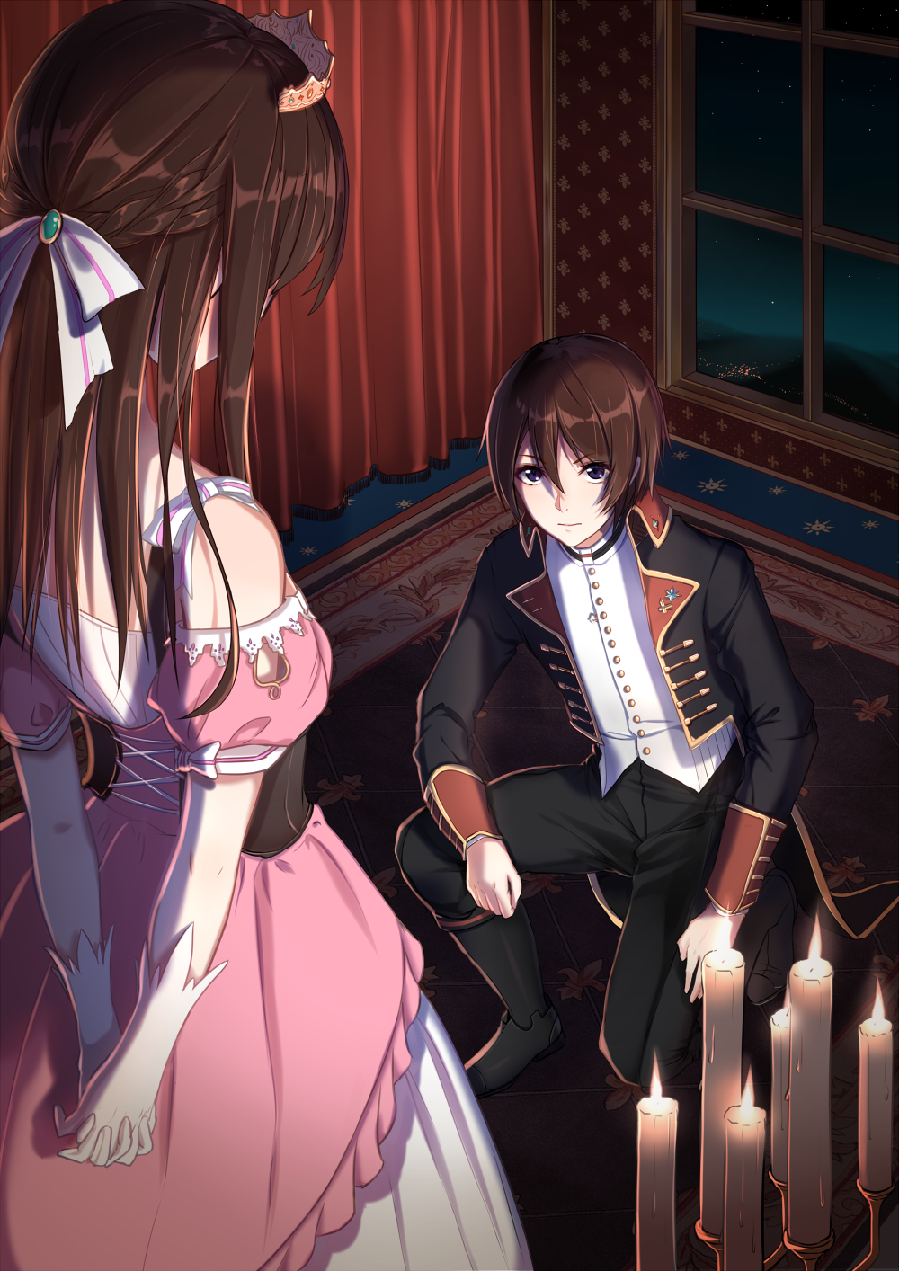 1boy 1girl arms_behind_back blush brown_hair candle curtains dress exit_tunes formal gloves highres kneeling long_hair night phantania seitou_no_marche short_hair suit tiara violet_eyes vocaloid