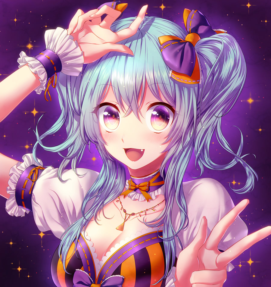1girl :d aqua_hair bangs blush bow breasts choker cleavage collarbone fang frills gradient_eyes hair_bow hand_on_own_head jewelry long_hair looking_at_viewer multicolored_eyes necklace open_mouth orange_eyes original pink_eyes puffy_short_sleeves puffy_sleeves purple_background revision short_sleeves smile solo sparkle tsuru_ringo two_side_up upper_body vertical_stripes violet_eyes w wrist_cuffs