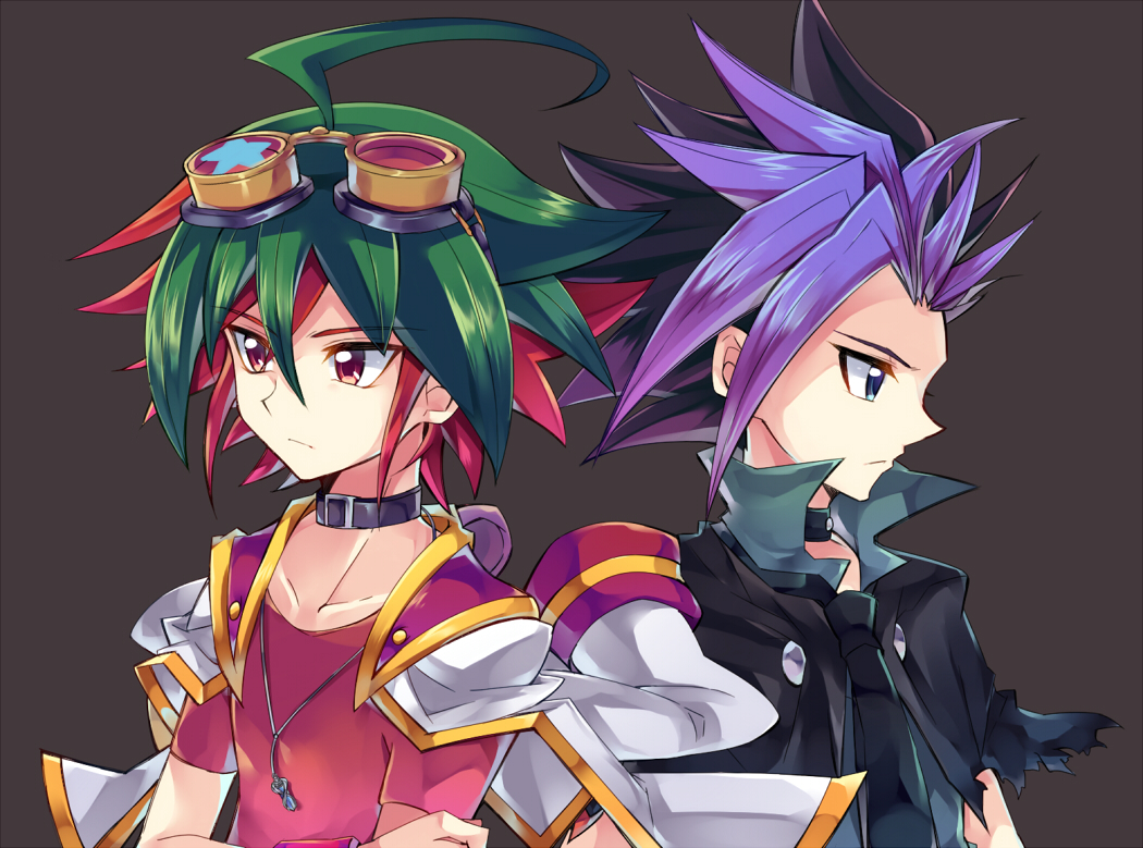 2boys ahoge black_hair black_shirt blue_eyes cape choker commentary crossed_arms goggles goggles_on_head green_hair male_focus multicolored_hair multiple_boys purple_hair red_eyes red_shirt redhead rento_(rukeai) sakaki_yuuya shirt short_sleeves spiky_hair star yu-gi-oh! yuu-gi-ou_arc-v yuuto_(yuu-gi-ou_arc-v)