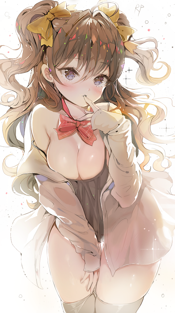 1girl bare_shoulders bent_over blush bow breasts brown_eyes brown_hair cleavage finger_to_mouth grey_legwear hair_bow ichinose_shiki idolmaster idolmaster_cinderella_girls large_breasts long_hair long_sleeves looking_at_viewer md5_mismatch naked_shirt no_pants off_shoulder open_clothes open_shirt repi987 revision shirt solo thigh-highs thighs two_side_up very_long_hair zettai_ryouiki