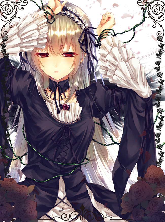 1girl bangs black_ribbon border choker cross-laced_clothes dress flower flower_border frilled_sleeves frills hair_ribbon hairband half-closed_eyes hands_up lace-trimmed_dress long_hair parted_lips petals red_eyes ribbon rose rozen_maiden saijou_yukina silver_hair solo suigintou upper_body vines wings