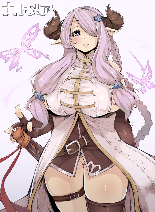 1girl bare_shoulders blue_eyes breasts butterfly_hair_ornament demon_horns elbow_gloves fingerless_gloves gloves granblue_fantasy hair_ornament hair_over_one_eye heart heart-shaped_pupils horns kamaboko_(ossann0125) lavender_hair long_hair narumeia_(granblue_fantasy) open_mouth pointy_ears single_thighhigh smile solo sword symbol-shaped_pupils thigh-highs weapon white_background