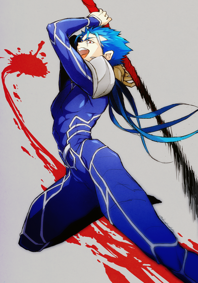 1boy blood blue_hair bodysuit earrings fate/grand_order fate/stay_night fate_(series) gae_bolg jewelry lancer pauldrons polearm ponytail red_eyes shiromako slashing spear weapon
