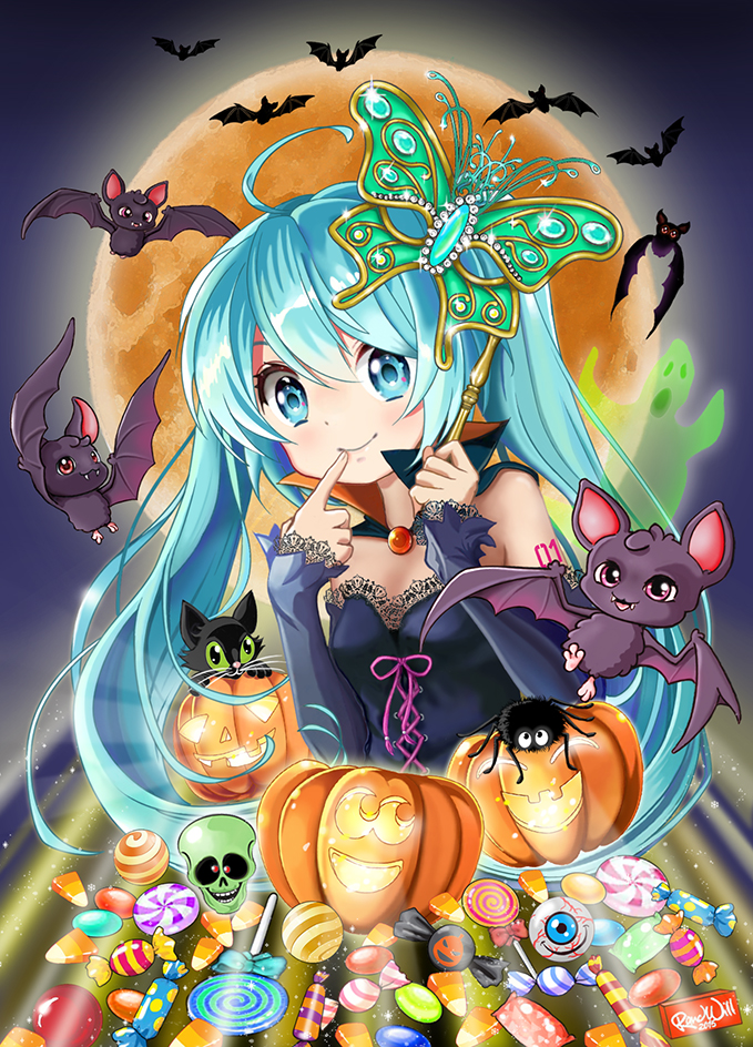1girl bat blue_eyes blue_hair butterfly_mask candy candy_corn cape cat detached_sleeves eyeball finger_to_mouth full_moon ghost halloween hatsune_miku jack-o'-lantern lollipop long_hair moon randy_williams skull smile solo spider swirl_lollipop twintails vocaloid