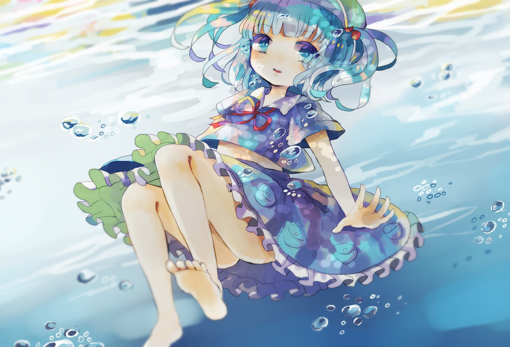 1girl bare_legs barefoot blue_hair bubble dress hair_bobbles hair_ornament hat hiyualice kawashiro_nitori legs open_mouth outstretched_arms pocket red_ribbon ribbon shirt short_hair short_sleeves skirt skirt_set solo touhou two_side_up underwater wet wet_clothes