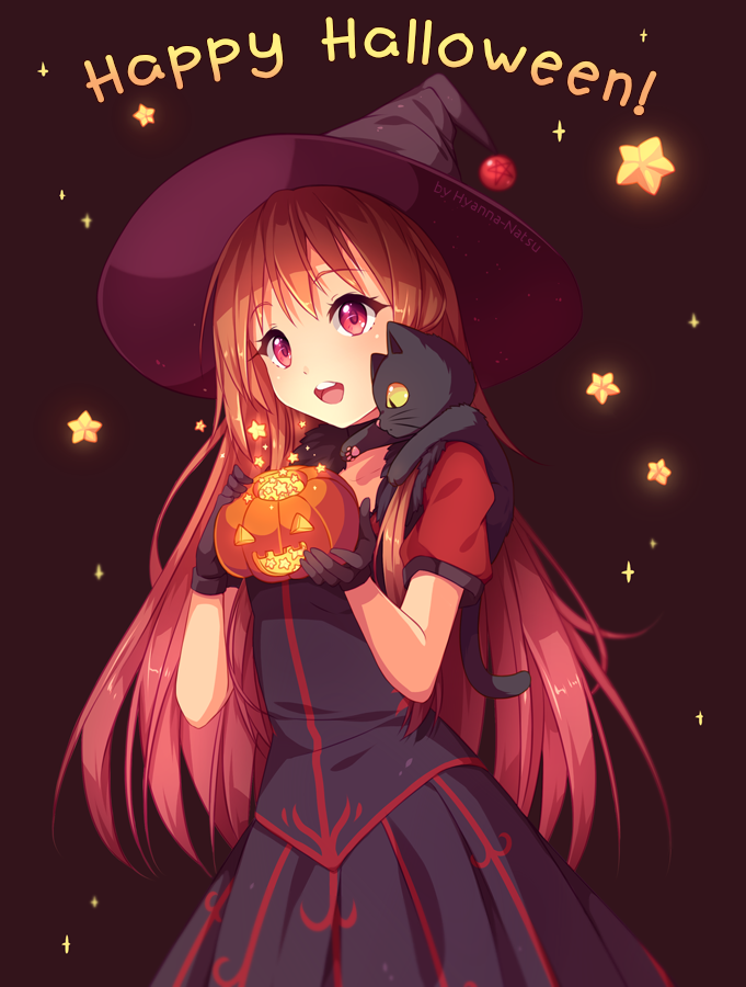1girl :d artist_name black_background black_cat black_dress black_gloves blush borrowed_character cat cowboy_shot dress gloves glowing happy_halloween hat holding_pumpkin hyanna-natsu jack-o'-lantern long_hair open_mouth original red_eyes redhead short_sleeves simple_background smile standing star witch_hat yellow_sclera