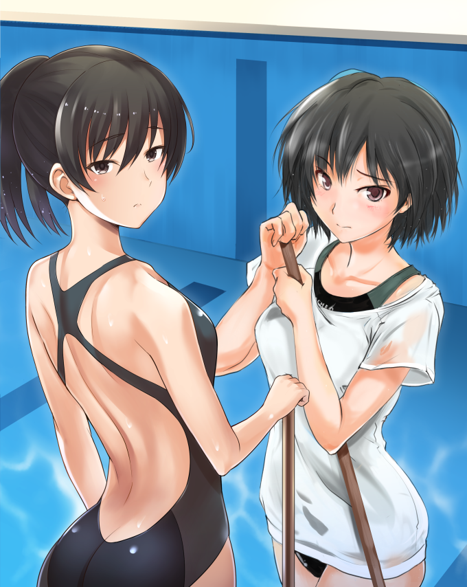2girls amagami bare_back bare_shoulders black_hair broom cleaning collarbone competition_swimsuit cowboy_shot embarrassed looking_at_viewer multiple_girls murasaki_iro nanasaki_ai one-piece_swimsuit ponytail pool see-through shirt short_hair short_sleeves standing sweatdrop swimsuit swimsuit_under_clothes tsukahara_hibiki wavy_mouth white_shirt