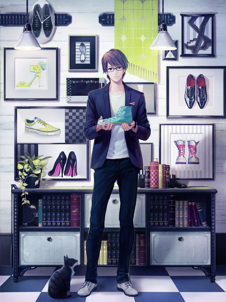 1boy animal_ears black-framed_glasses black_legwear black_shoes blue_shoes book boots cat cat_ears checkered checkered_floor cross-laced_footwear frame high_heels holding holding_shoes indoors jacket lace-up_boots lamp long_sleeves looking_at_viewer male_focus musical_note niconico pants photo_(object) plant potted_plant sheet_music shoes shoes_removed shoose smile sneakers solo standing suda_ayaka undershirt white_boots white_shoes