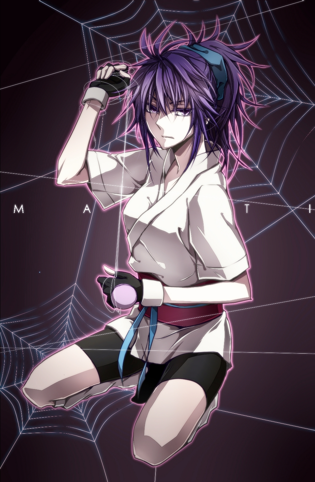 1girl closed_mouth fingerless_gloves fukkin_(hukkyunzzz) full_body gloves gradient gradient_background hair_ornament highres hunter_x_hunter japanese_clothes long_hair machi_(hunter_x_hunter) obi ponytail purple_hair sash short_sleeves shorts silk solo spider_web squatting string text violet_eyes