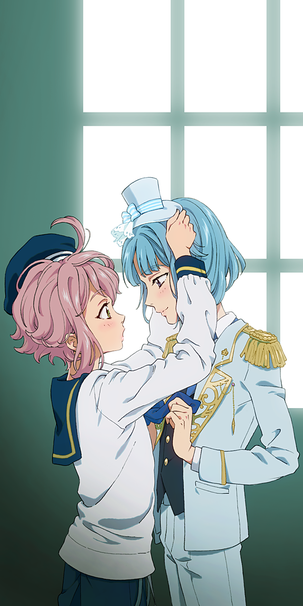 2boys adjusting_another's_clothes ahoge blue_hair blush cosplay costume_switch ensemble_stars! epaulettes green_eyes hat highres himemiya_touri male_focus mini_top_hat multiple_boys pink_hair ribbon sailor sailor_collar sailor_hat shimanekoken shino_hajime short_hair sidelocks smile top_hat violet_eyes