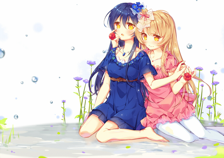 2girls :o anemone_(flower) bangs barefoot blonde_hair blue_dress blue_flower blue_hair blush bow brown_hair dress finger_to_face flower frilled_dress frilled_sleeves frills hair_bow hair_flower hair_ornament hand_on_another's_face hands_together holding_finger holding_hands jewelry long_hair looking_at_viewer love_live!_school_idol_project minami_kotori multiple_girls nail_polish pantyhose pendant pf red_flower see-through short_dress short_sleeves sitting smile sonoda_umi very_long_hair water_drop white_legwear yellow_eyes yokozuwari