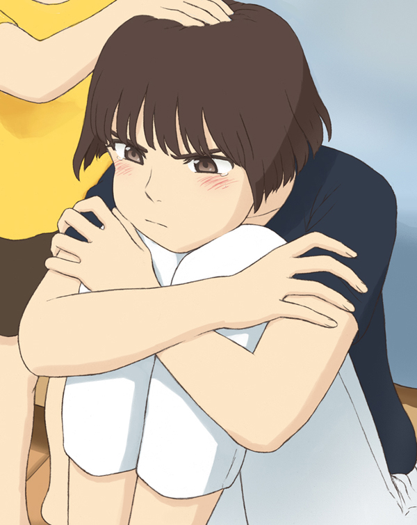 1boy 1girl blush brown_eyes brown_hair gake_no_ue_no_ponyo hand_on_another's_head jas leg_hug pants patting_head pout risa_(ponyo) shirt short_hair shorts sitting sosuke studio_ghibli tears