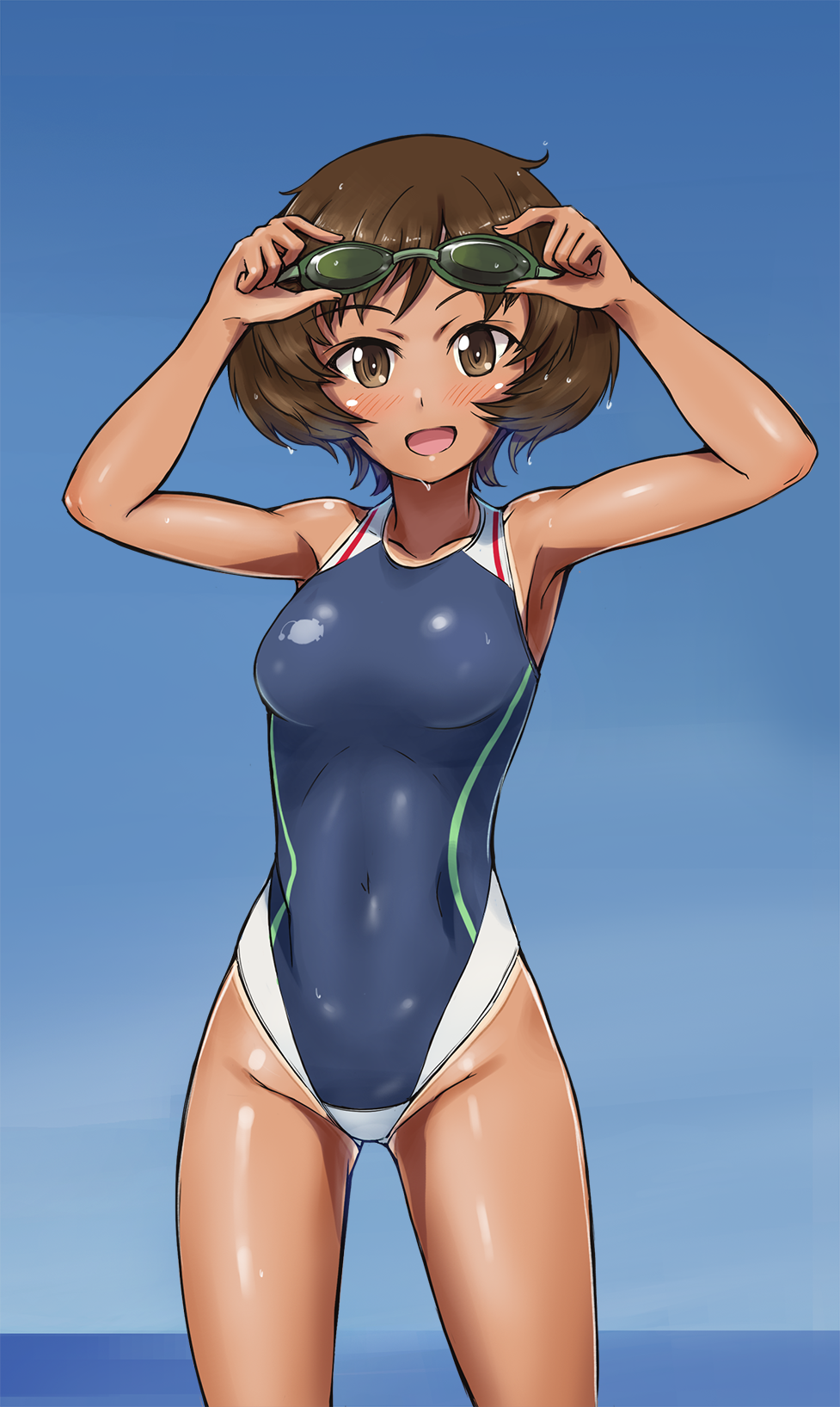 1girl akiyama_yukari arms_up blush breasts brown_eyes brown_hair competition_swimsuit girls_und_panzer goggles highres looking_at_viewer one-piece_swimsuit one_eye_closed open_mouth short_hair smile solo solokov_(okb-999) swimsuit wet wet_clothes wet_swimsuit