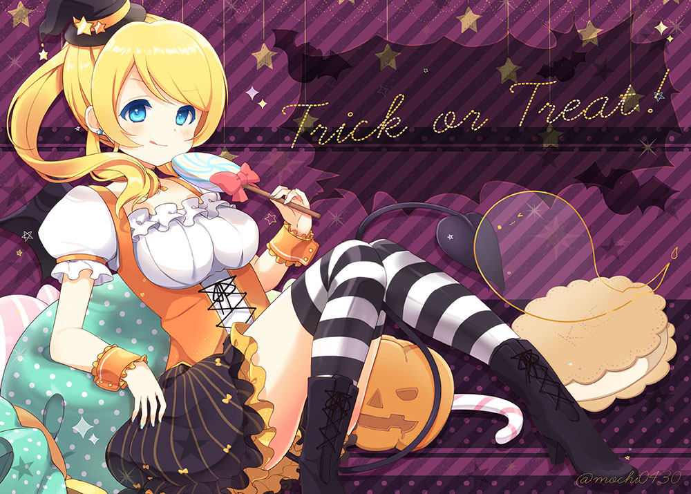 1girl ayase_eli blonde_hair blue_eyes boots candy candy_cane cookie diagonal_stripes earrings food halloween hat jack-o'-lantern jewelry licking_lips lollipop love_live!_school_idol_project over-kneehighs ponytail sakuramochi_n sitting solo star star_earrings striped striped_background striped_legwear thigh-highs tongue tongue_out trick_or_treat twitter_username underbust witch_hat wrist_cuffs