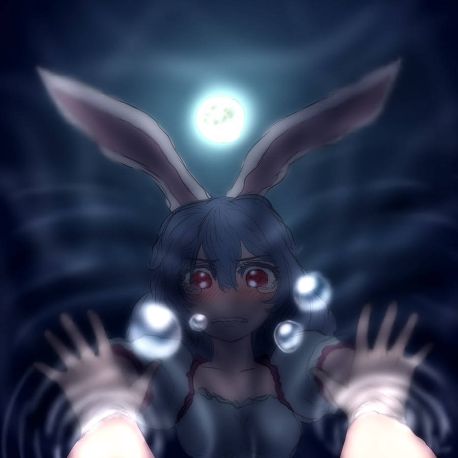1girl animal_ears blue_dress blue_hair blush collarbone commentary_request crying dress full_moon miata_(pixiv) moon night rabbit_ears red_eyes reflection seiran_(touhou) soaking_hands solo touhou water