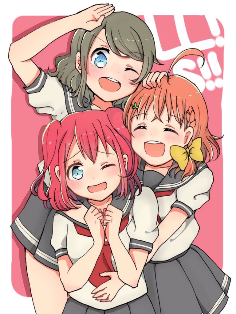 3girls brown_hair cyaron_(love_live!) hair_ornament kurosawa_ruby love_live! love_live!_sunshine!! multiple_girls open_mouth orange_hair red_eyes school_uniform short_hair smile takami_chika watanabe_you