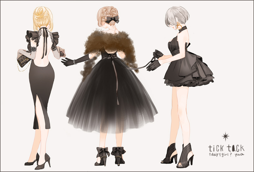 3girls back bare_back bare_shoulders beige_background black_border black_bow black_dress black_gloves black_ribbon blonde_hair border bow bracelet braid breasts chain choker double_bun dress earrings fishnet_gloves formal frills fur_trim gloves hair_bow half_gloves high_heels holding hoop_earrings jewelry lace-trimmed_dress lace-trimmed_gloves lips multiple_girls original outstretched_hand ribbon see-through short_dress short_hair silver_hair simple_background smile standing text wallet yua_(tick-tack)