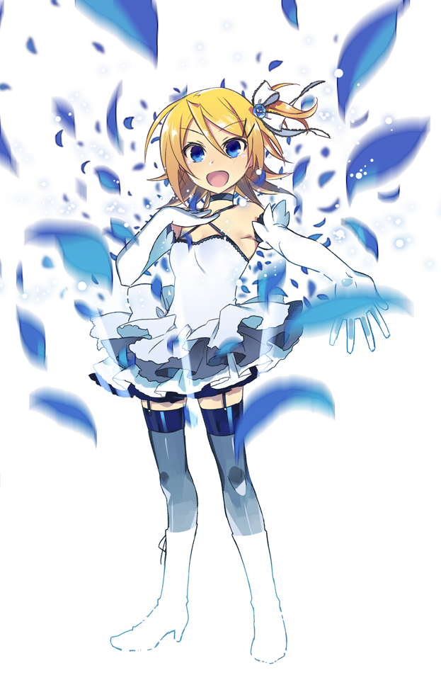 1girl :d blonde_hair blush boots bow choker dress eyebrows eyebrows_visible_through_hair flower frilled_dress frills garter_straps gloves hair_between_eyes hair_bow hair_ornament hair_ribbon hairclip hand_on_own_chest kagamine_rin knee_boots looking_at_viewer motion_blur one_side_up open_mouth outstretched_arm petals ribbon rose sano_takayuki_(samfree) short_dress short_hair sleeveless smile solo tears thigh-highs ulogbe unfinished vocaloid white_background white_boots white_bow white_dress white_gloves white_ribbon