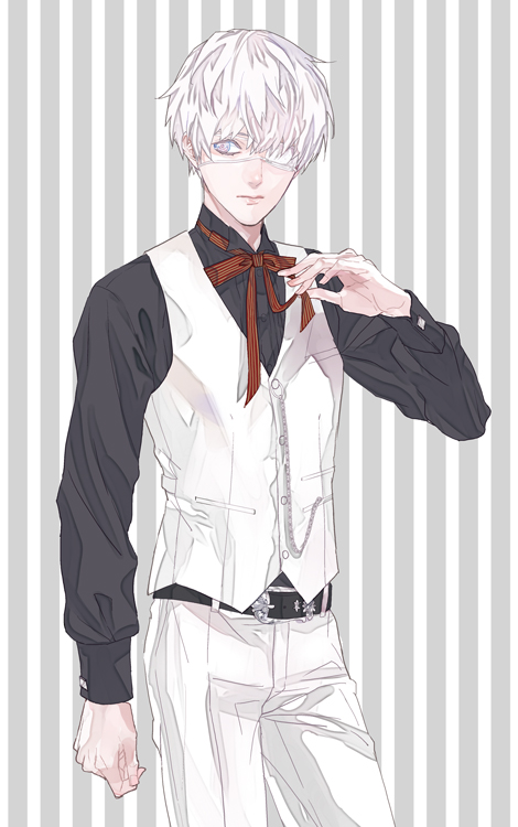 1boy belt character_request copyright_request eyepatch grey_eyes kamonisi male_focus neck_ribbon ribbon solo striped striped_background vest white_hair