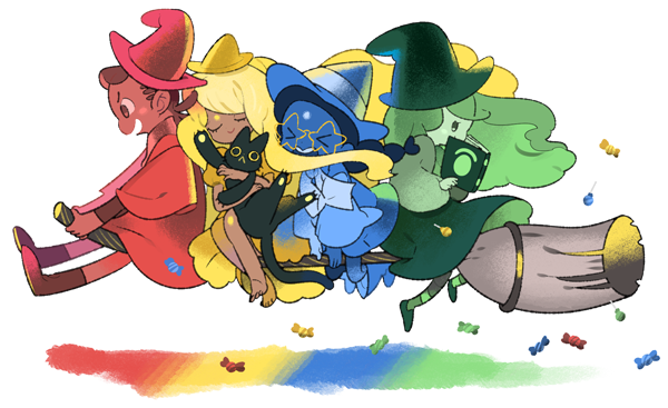 &gt;_&lt; 4girls barefoot blonde_hair blue_hair blue_skin blush_stickers boots broom broom_riding candy cat cloak closed_eyes dark_skin glasses google green_hair green_skin halloween hat hug long_hair maruco multiple_girls reading red_skin redhead simple_background very_long_hair white_background witch witch_hat