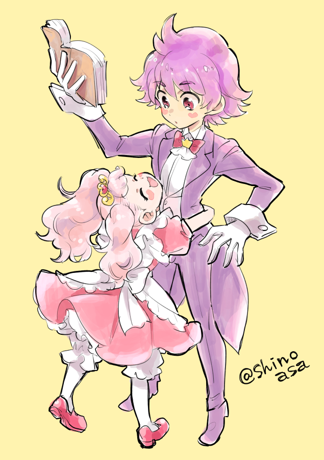 1boy 1girl apron aroma_(go!_princess_precure) blush book bow bowtie brother_and_sister butler closed_eyes formal full_body go!_princess_precure happy height_difference hug long_hair pantyhose personification pink_hair pink_shoes pink_skirt precure puff_(go!_princess_precure) purple_hair purple_shoes red_bow shinoasa shoes siblings skirt suit surprised twintails twitter_username violet_eyes white_legwear yellow_background