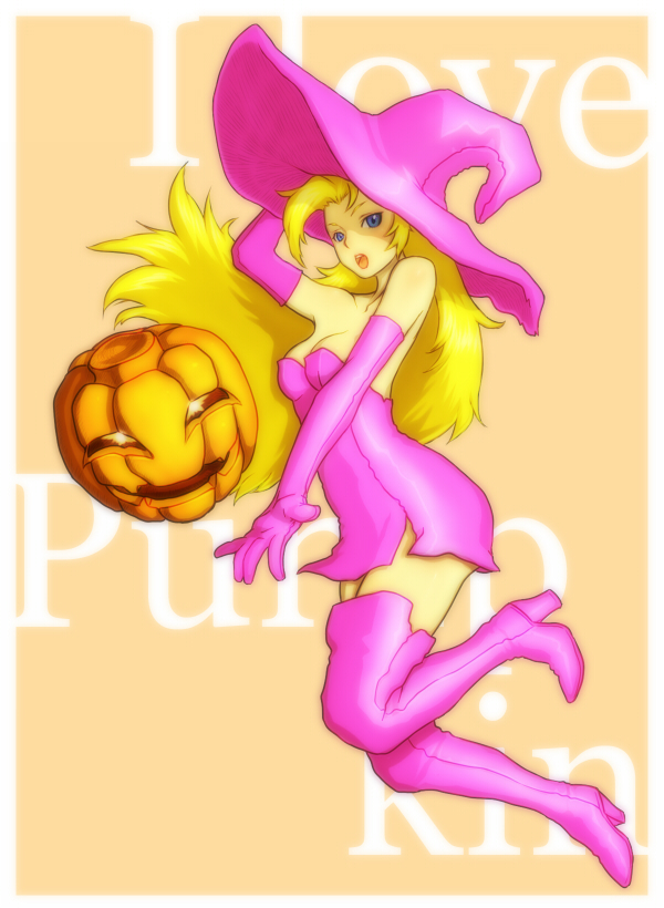 /obg 1girl blonde_hair blue_eyes boots breasts cleavage deneb_rove dress elbow_gloves english full_body gloves glowing glowing_eyes hat high_heel_boots high_heels holding holding_hat jack-o'-lantern long_hair ogre_battle open_mouth outstretched_arm pumpkin purple_dress purple_gloves shuniku solo strapless_dress thigh-highs very_long_hair witch witch_hat zettai_ryouiki