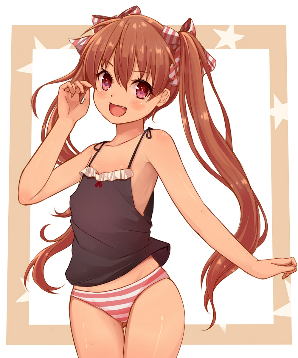 1girl brown_eyes brown_hair camisole fang flat_chest hair_ribbon highres kantai_collection libeccio_(kantai_collection) long_hair open_mouth qunqing ribbon smile solo twintails underwear