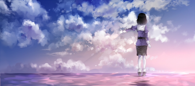 1girl black_hair clouds from_behind haguro_(kantai_collection) horizon kantai_collection ocean outstretched_arm sadoma scenery skirt sky solo sunrise white_legwear