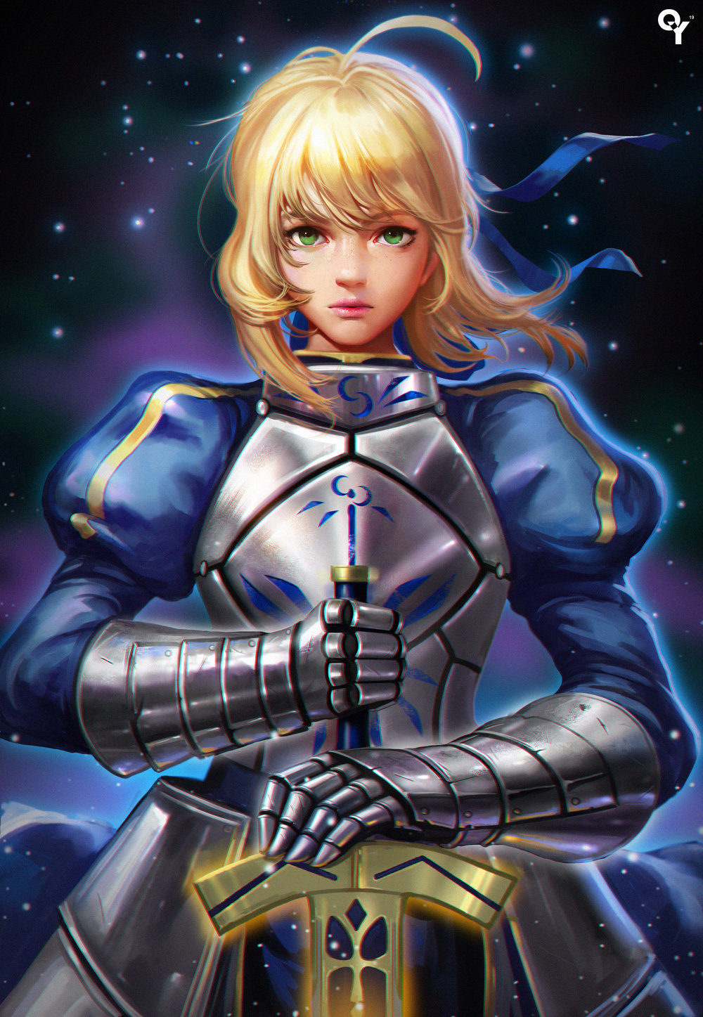 1girl ahoge armor armored_dress blonde_hair dress excalibur fate/stay_night fate_(series) gauntlets green_eyes hair_ribbon highres liangxing lips looking_at_viewer ribbon saber solo sword weapon wind
