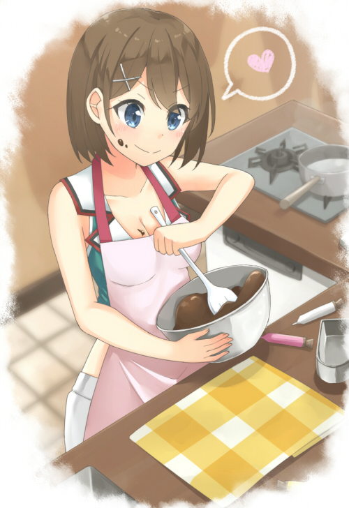&gt;:) 1girl apron baking blue_eyes blush breasts brown_hair cleavage food food_on_body food_on_face hair_ornament hairclip heart kantai_collection maya_(kantai_collection) oven reina_(leinqchqn) remodel_(kantai_collection) short_hair skirt sleeveless smile solo spoken_heart valentine x_hair_ornament