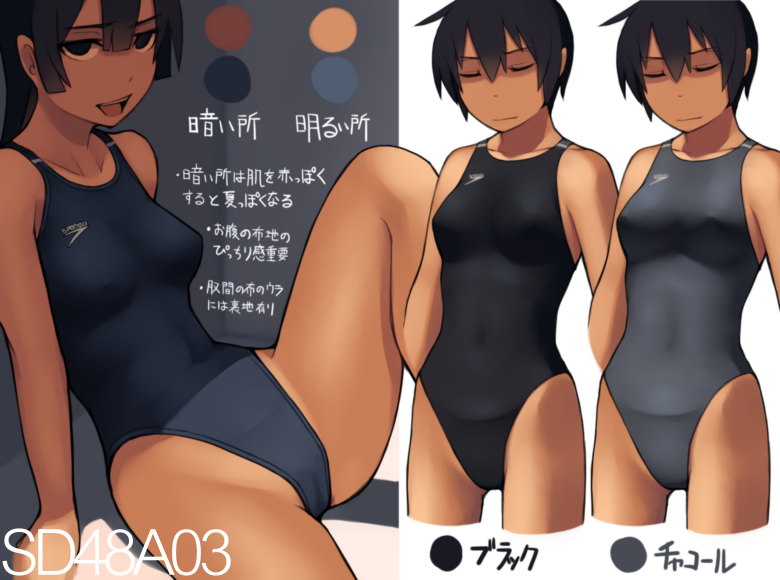 1girl black_eyes black_hair chart closed_eyes competition_swimsuit lvi one-piece_swimsuit original short_hair swimsuit translation_request