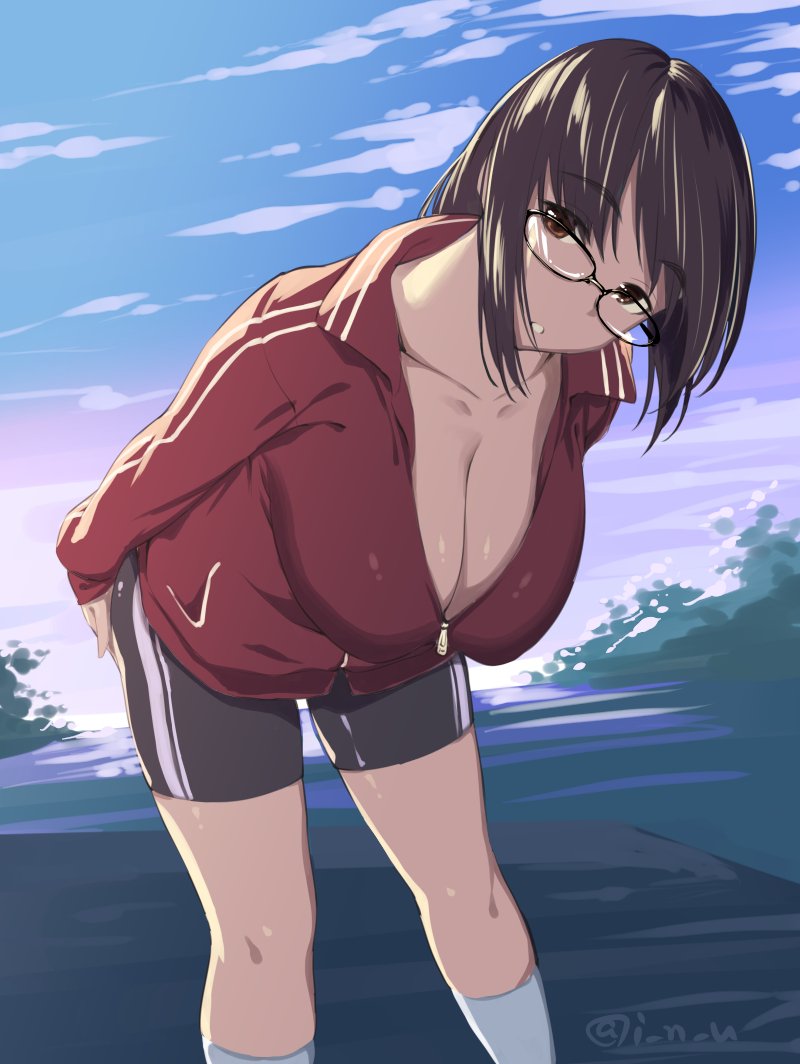 1girl bike_shorts black_hair breasts brown_eyes cleavage clouds female glasses hands_on_ass inu_(aerodog) jacket large_breasts leaning_forward long_hair looking_at_viewer original sky solo track_jacket twitter_username