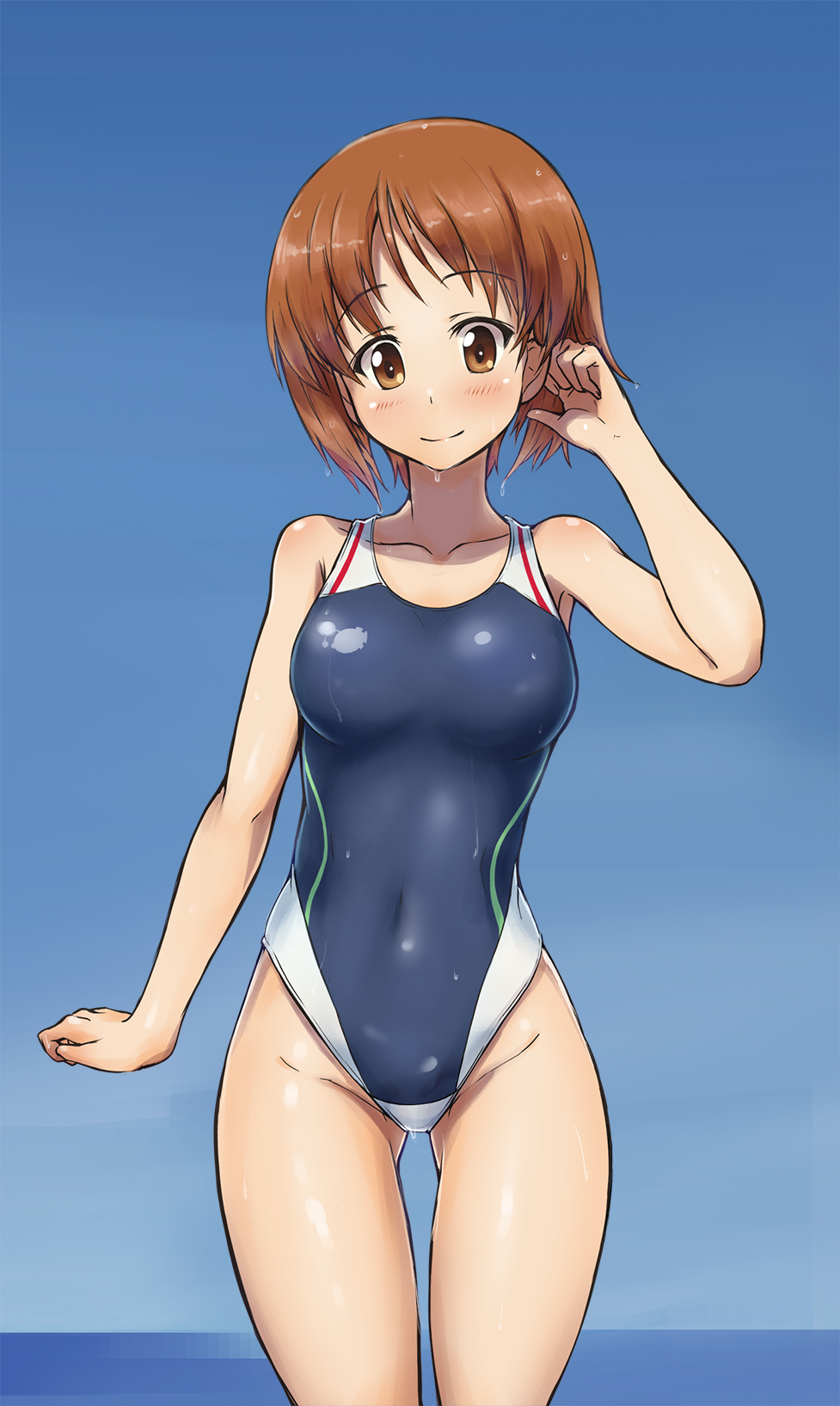 1girl adjusting_hair blush breasts brown_eyes brown_hair competition_swimsuit girls_und_panzer highres looking_at_viewer nishizumi_miho one-piece_swimsuit short_hair smile solo solokov_(okb-999) swimsuit wet wet_clothes wet_swimsuit